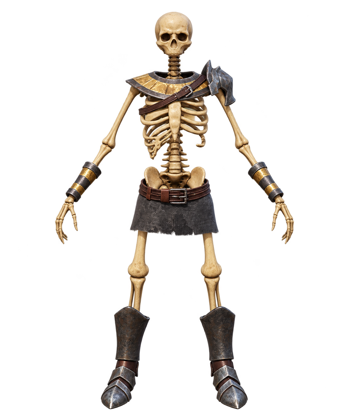 Skeleton with shoulder armor and a dark kilt
